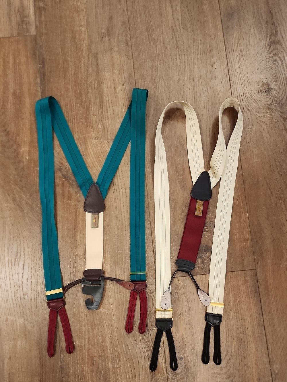Trafalgar Lot of 2 Braces Suspenders Stripe Ribbon Leather Trim Woven Classic